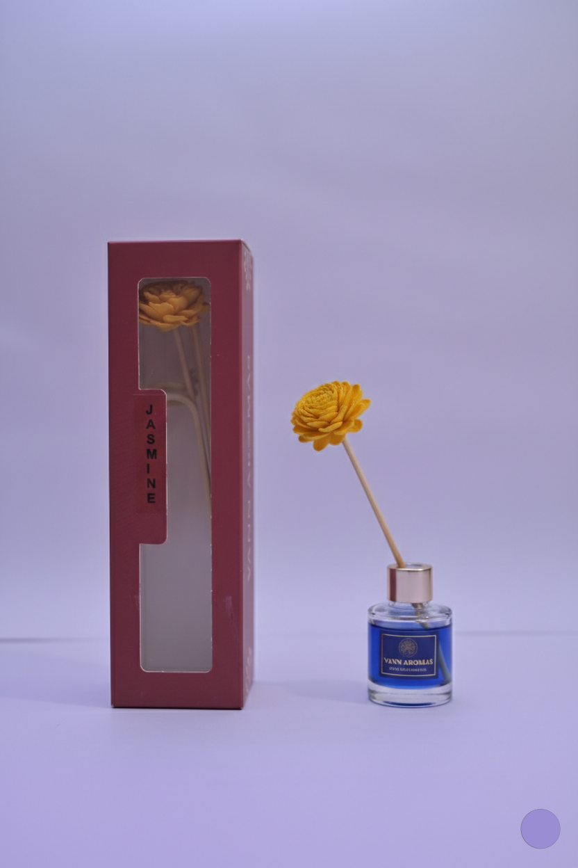 Perfume bottle with a yellow flower and packaging on a light purple background