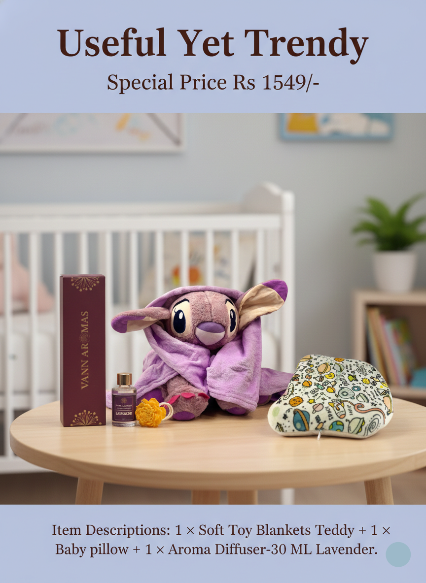 Room with soft toy, blanket, pillow, and aroma diffuser on a table.