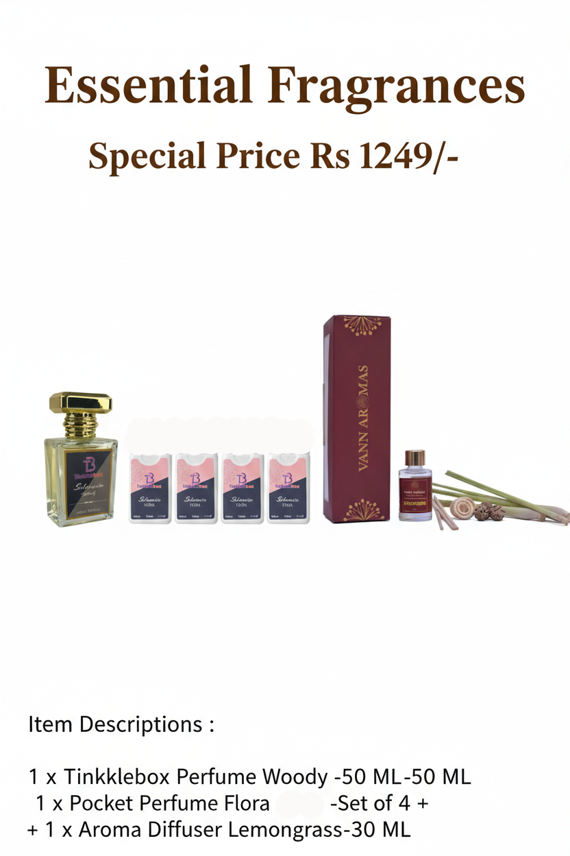 Essential Fragrances set with products and packaging on a white background