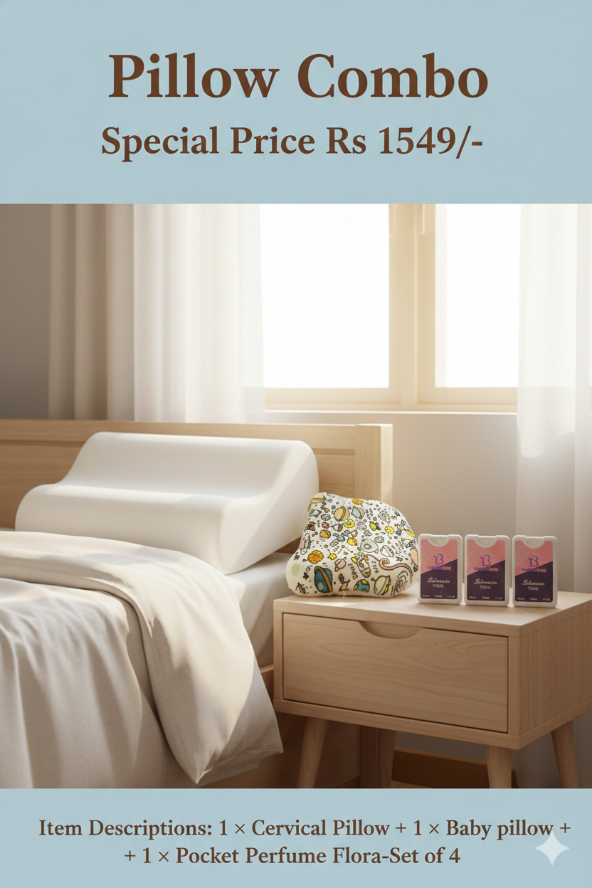 Pillow Combo- 1 × Cervical Pillow + 1 × Baby pillow + 1 × Pocket Perfume Flora-Set of 4