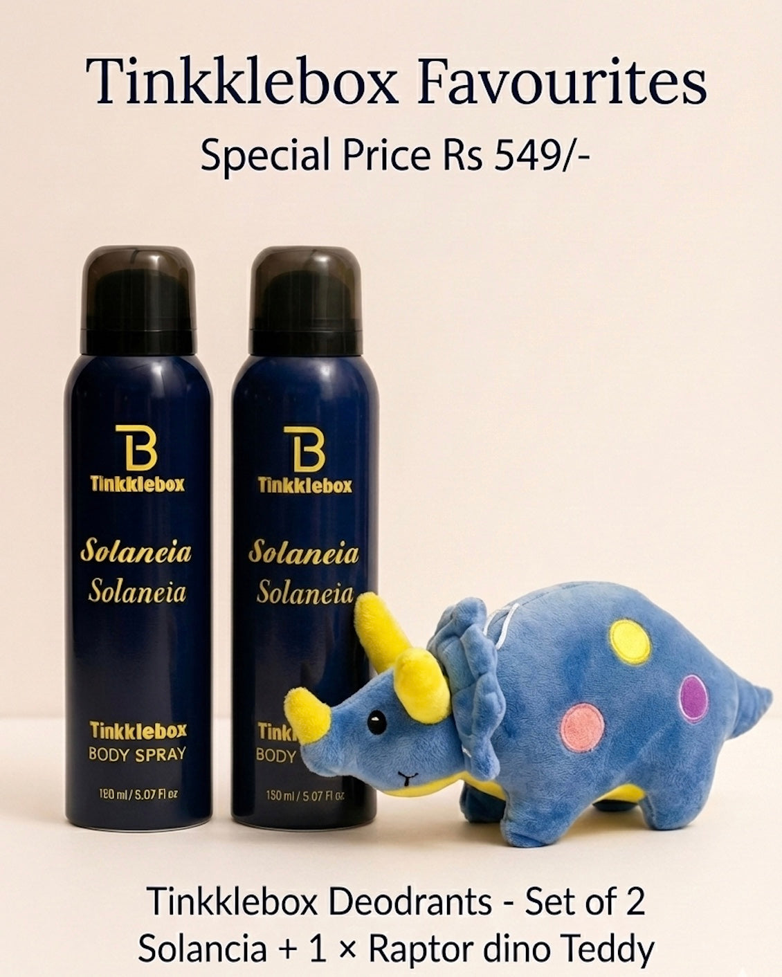 Two Tinkklebox deodorants and a Raptor dino teddy, soft, premium teddy, premium Body Spray, Premium Deodrant, Gift items