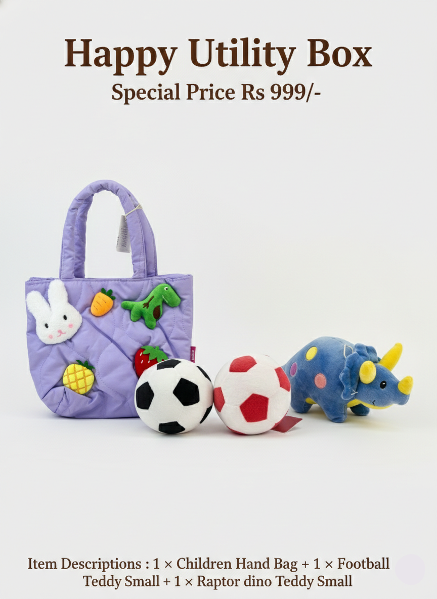 Children's handbag with toys on a white background, featuring 'Happy Utility Box' text.