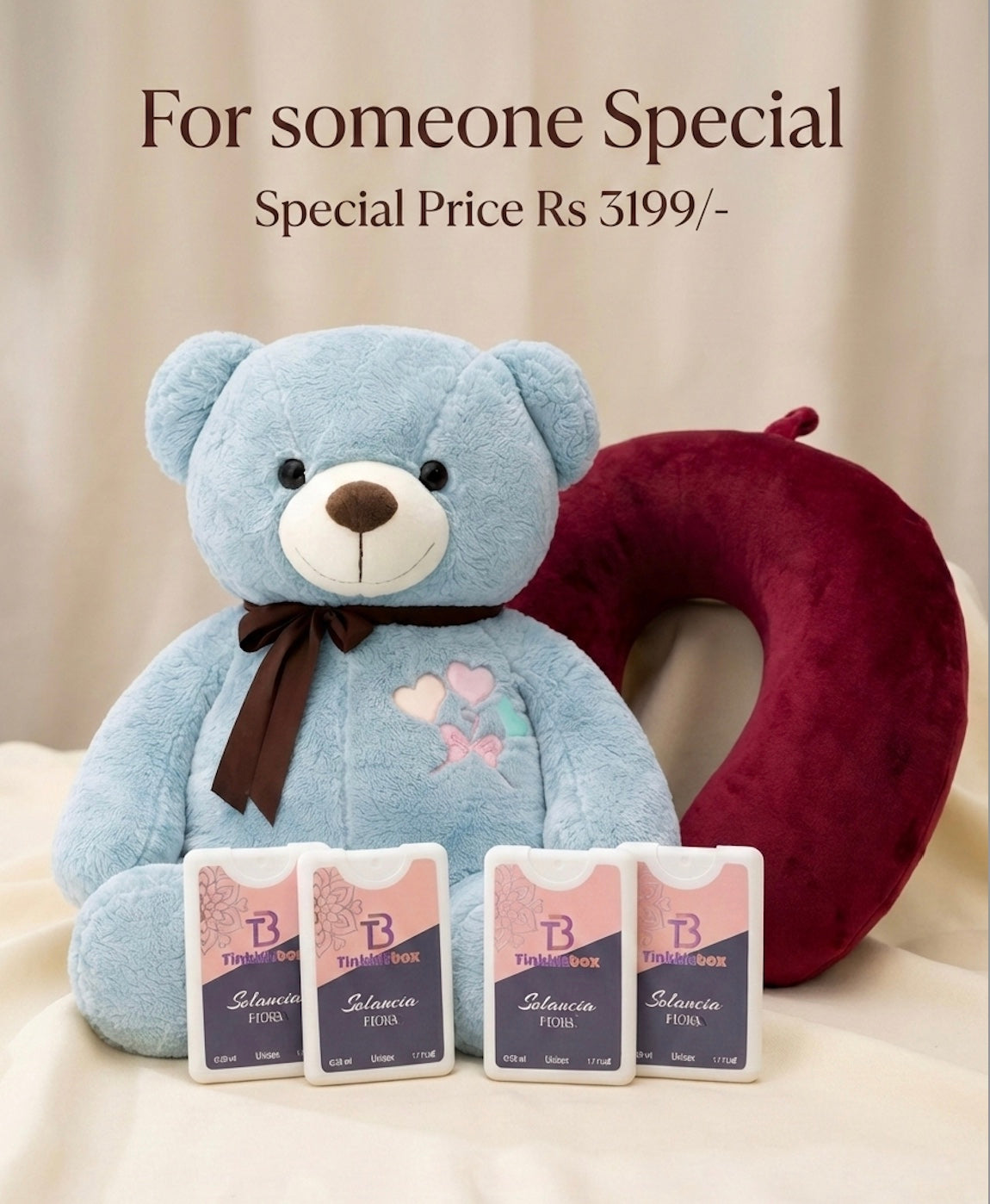 Blue teddy bear with a brown bow, set of 4 Flora Poket Perfume and a Tavel Neck sutable for valentine gift