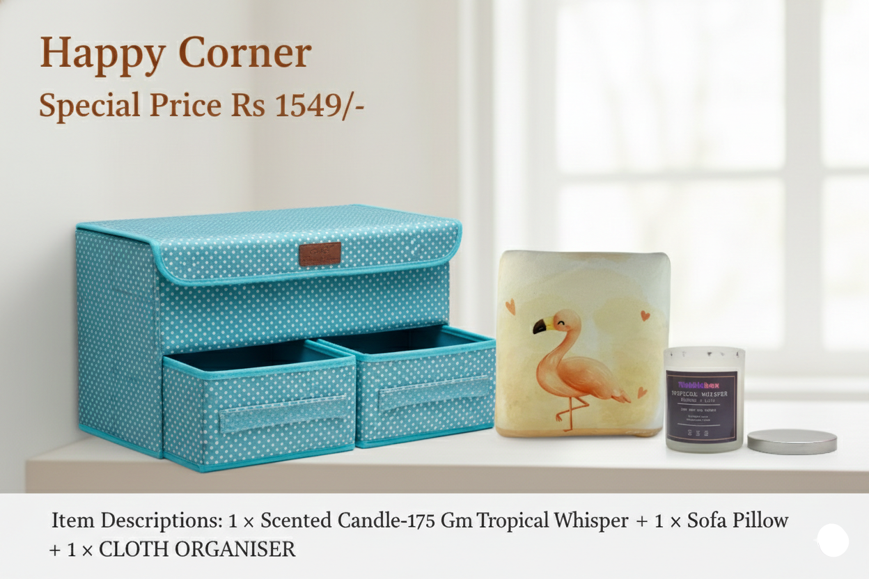 Turquoise storage organizer with a candle and pillow on a shelf, labeled 'Happy Corner'.