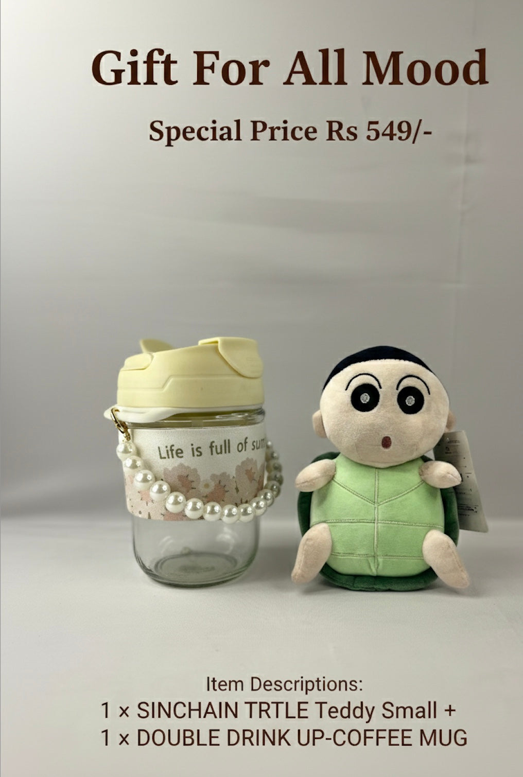 SINCHAIN TURTLE teddy bear and double drink up coffee mug with promotional text on a gray background