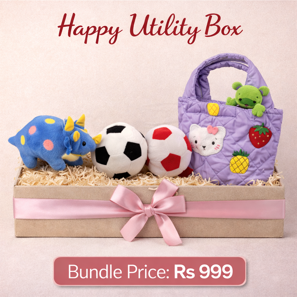 Happy Utility Box with plush toys and a purple bag on a beige background