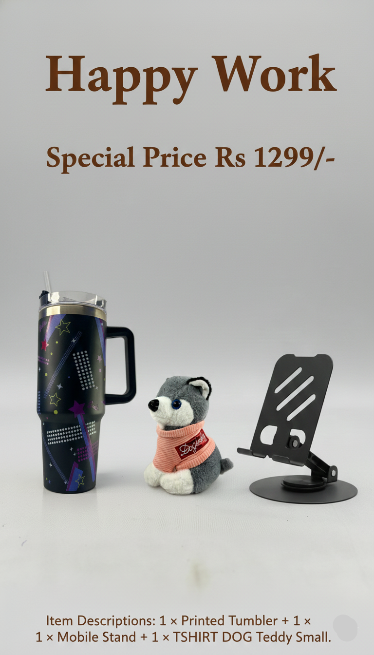 Image of a printed tumbler, mobile stand, and small teddy bear with text on a gray background.