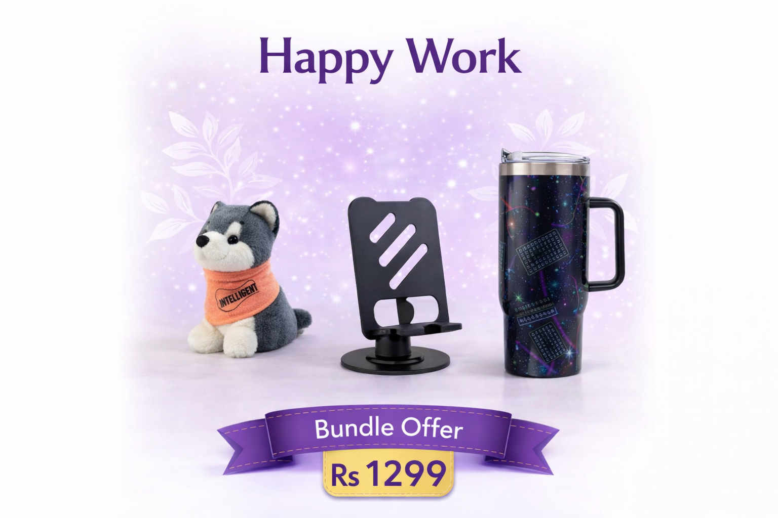 Three items including a plush dog, a black stand, and a insulated mug on a light purple background with 'Happy Work' text.