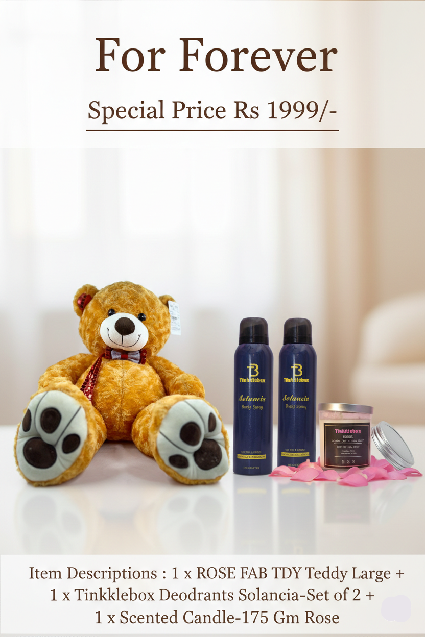 Teddy bear with deodorants and a candle on a white background, with text indicating a special price.