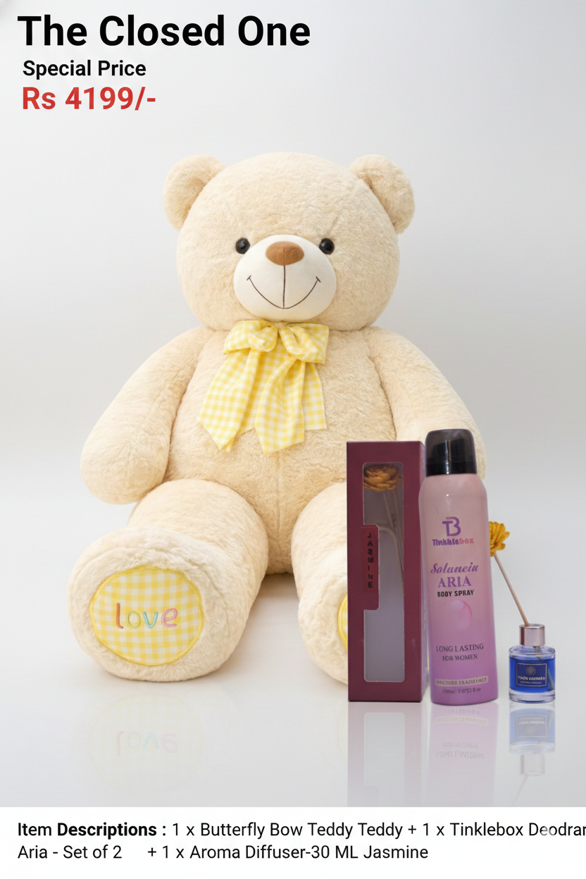 Beige teddy bear with a yellow or pink bow and two bottles with Aroma Diffuser and Deodrant