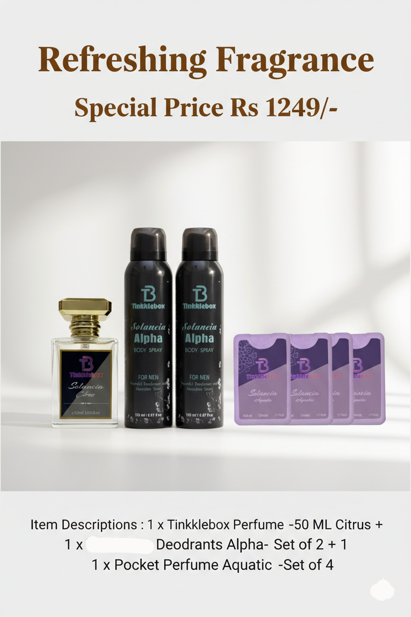 Tinklebox perfume and deodorant set with a special price on a light background