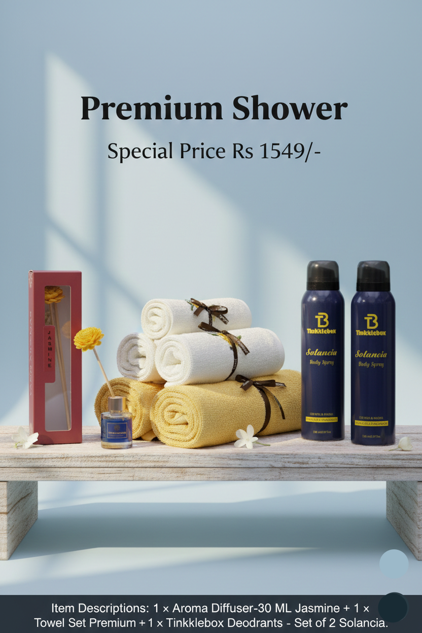 Premium shower set with towels, diffuser, and deodrants on a wooden bench against a light blue wall.