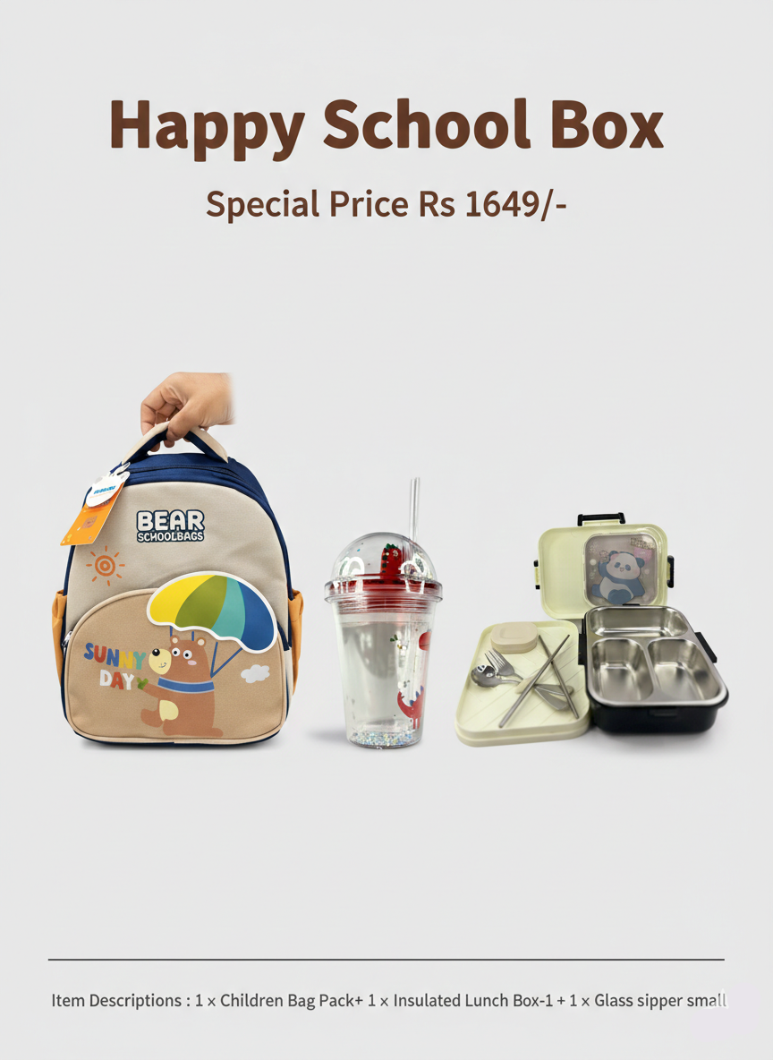 Happy School Box with children's bag, insulated lunch box, and glass tumbler on a white background