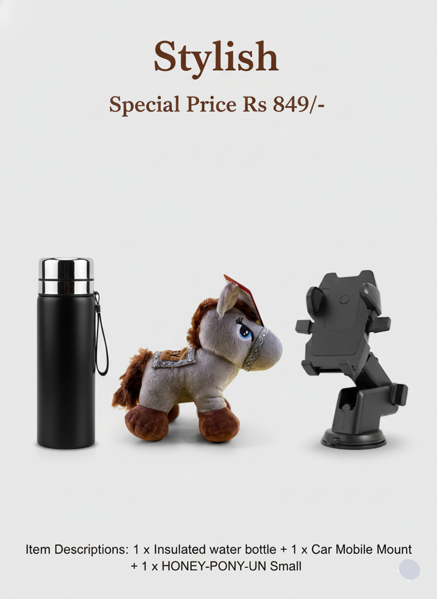 Stylish product set with insulated water bottle, car mount, and plush toy on a white background.