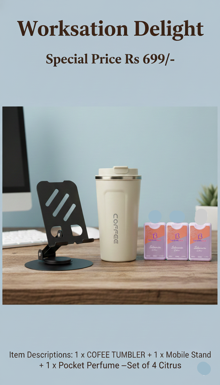 Coffee tumbler with mobile stand and pocket perfume on a desk with a light blue background