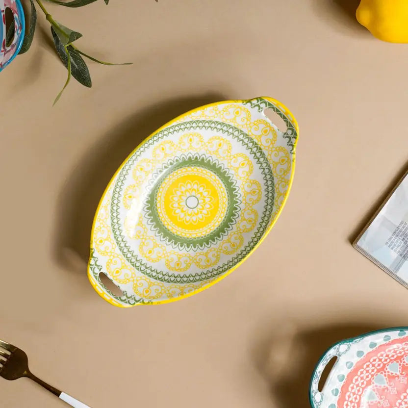Nestasia Yellow and Green Mandala Ceramic Long Dish with Handles for Snacks Tray  (Microwave Safe)